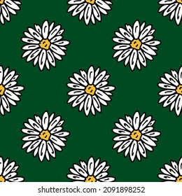 Seamless pattern with awesome chamomile on dark green background. Vector image.
