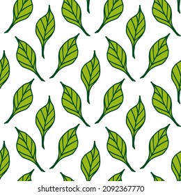 Seamless pattern with awesome green leaves on white background. Vector image.
