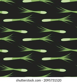 Seamless pattern with awesome green onion on black background. Vector image.