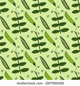 Patrón sin foco con increíbles arvejas verdes sobre fondo verde claro. Imagen vectorial.