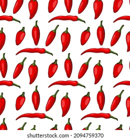 Seamless pattern with awesome hot red peppers on white background. Vector image. 