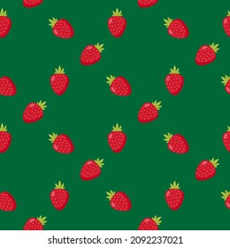 Seamless pattern with awesome strawberry on dark green background. Vector image.