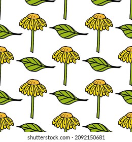 Patrón sin foco con flores amarillas y hojas sobre fondo blanco. Imagen vectorial.
