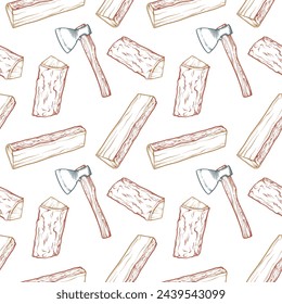 Seamless pattern with axes and firewood. Vector illustration.