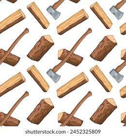 Seamless pattern with axes and firewood. Vector illustration.