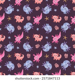 Seamless pattern with axolotl. Design for fabric, textile, wallpaper, packaging
