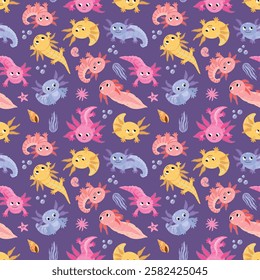 Seamless pattern with axolotl. Design for fabric, textile, wallpaper, packaging