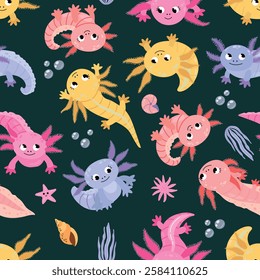 Seamless pattern with axolotl. Design for fabric, textile, wallpaper, packaging	