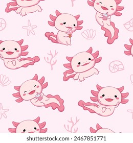 Seamless pattern with axolotl salamander baby.baby amphibian background. baby animal drawn.Marine life illustration pattern vector corral, shell, scallop, starfish, deep sea background.