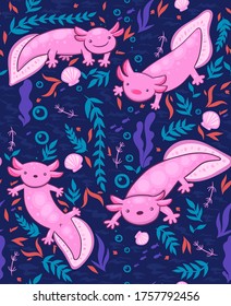 Seamless pattern with axolotl. Vector graphics