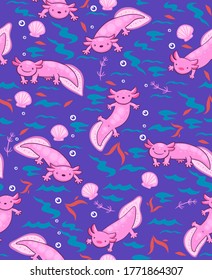 Seamless pattern with axolotl. Vector graphics.