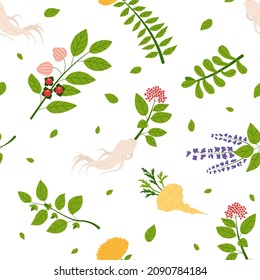 Seamless pattern of Ayurveda plants. The endless texture of adaptogenic herbal on white background. Flat vector illustration.