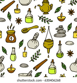 Seamless pattern with  ayurvedic objects.Hand drawn vector illustration.