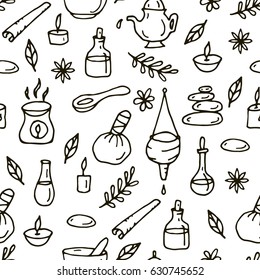 Seamless pattern with  ayurvedic objects.Hand drawn vector illustration.
