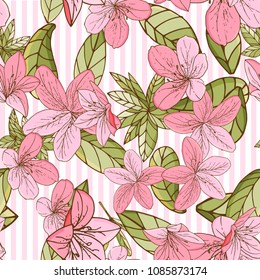 Seamless pattern with azalea in hand drawn style. For paper, textile, interior design. Vector illustration