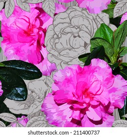 Seamless pattern with azaleas and texture of wood