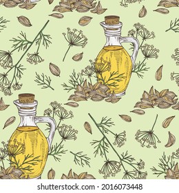 Patrón sin foco con azhgon, comino indio, planta, semillas y botella de aceite de azhgon. Ilustración dibujada a mano por el vector