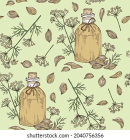 Patrón sin foco con azhgon, comino indio: planta, semillas de azhgon y botella de aceite esencial de comino indio. Cosmética, perfumería y planta médica. Ilustración dibujada a mano por vectores.