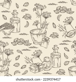 Seamless pattern with azhgon, indian cumin: plant and azhgon seeds. Oil, soap and bath salt . Cosmetics and medical plant. Vector hand drawn illustration