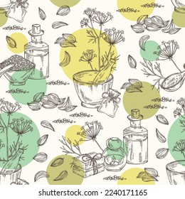 Seamless pattern with azhgon, indian cumin: plant and azhgon seeds. Oil, soap and bath salt . Cosmetics and medical plant. Vector hand drawn illustration