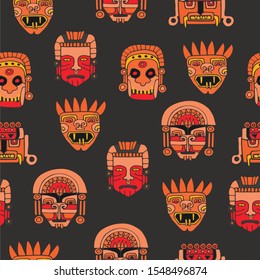 Seamless Pattern With Aztec, Maya Or Inca Traditional Masks. Hand Drawn Doodle Style. Colorful Print. Black Background. Vector Illustration.