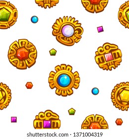 Seamless pattern Aztec symbols with colored precious gems, golden icon.