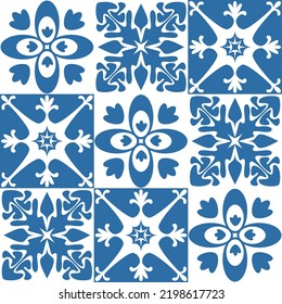 Seamless pattern Azulejo mosaic tile in blue color, traditional ornament for wall decoration and interior design