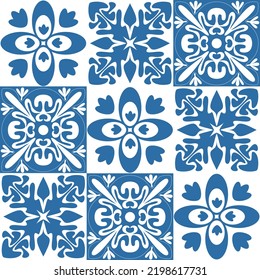 Seamless pattern Azulejo mosaic tile in blue color, ornament for wall decoration and interior design