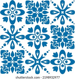 Seamless pattern Azulejo mosaic tile in blue color, traditional ornament for wall decoration and interior design