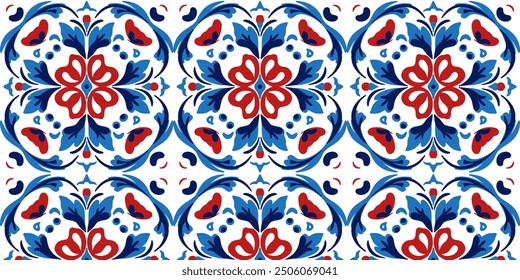 Seamless pattern of azulejo texture ornament in red - blue tones