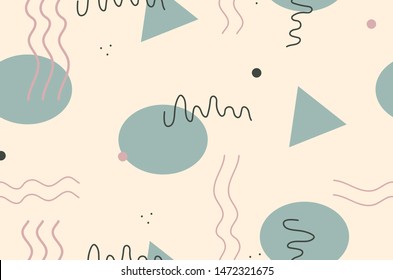 Seamless pattern with azure shapes and lines in pink and deep green colors on yellow background.