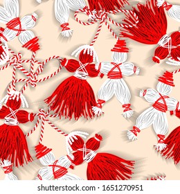Seamless pattern Baba Marta Day. Martenitsa, white, red strains of yarn, Bulgarian folklore tradition, welcoming spring in March, adornment symbol, isolated on beige background vector illustration