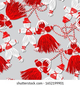 Seamless pattern Baba Marta Day. Martenitsa, white, red strains of yarn, Bulgarian folklore tradition, welcoming spring in March, adornment symbol, isolated on grey  background vector illustration