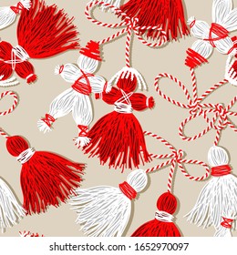 Seamless pattern Baba Marta Day. Martenitsa, white, red strains of yarn, Bulgarian folklore tradition, welcoming spring in March, adornment symbol, isolated on beige  background vector illustration