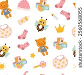 Seamless pattern for babies featuring essentials and toys. Adorable print for infants with a playful design. Perfect for wrapping paper, textiles, and baby shower decorations. Vector illustration.