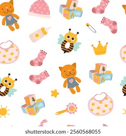 Seamless pattern for babies featuring essentials and toys. Adorable print for infants with a playful design. Perfect for wrapping paper, textiles, and baby shower decorations. Vector illustration.