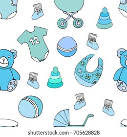 seamless pattern with baby accessories in blue doodle style on white background.Hand drawn blue background for decoration, paper, textile and wrapping