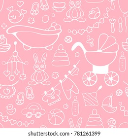 Seamless pattern with baby accessories. Hand drawing style. Suitable for wrapping, wallpaper or textile 