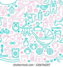 Seamless pattern with baby accessories. Linear style vector illustration. Suitable for wallpaper, wrapping or textile