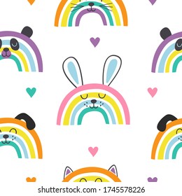 seamless pattern with baby animals rainbows
 -  vector illustration, eps