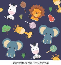 Seamless pattern with baby animals and tropical leaves