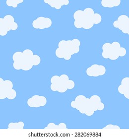 Seamless pattern baby background with clouds. Vector illustration seamless pattern white couds, cartoon clouds seamless pattern. Seamless pattern blue spring clouds. Summer seamless pattern clouds.