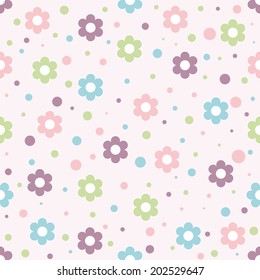 Patrón sin fisuras. Fondo del bebé con flores y círculos coloridos. Papel para scrapbook o fondo. Ilustración vectorial. Se elimina el fondo de rosa 