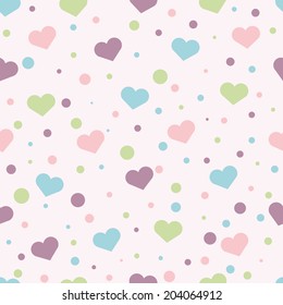Seamless pattern. Baby background with colorful hearts and circles. Paper for scrapbook or background. Vector illustration.The rose background is removed 
