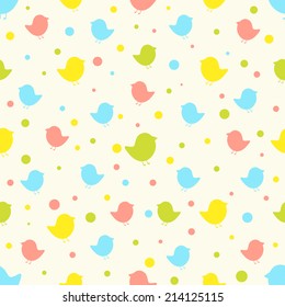 Seamless pattern. Baby background with colorful silhouettes birds and circles. Paper for scrapbook or background. Vector illustration.The rose background is removed 