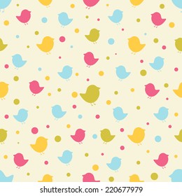 Seamless pattern. Baby background with colorful silhouettes birds and circles. Paper for scrapbook or background. Vector illustration.The rose background is removed 