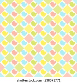 Seamless pattern. Baby background with colorful silhouettes birds and rhombs. Paper for scrapbook or background. Vector illustration.The rose background is removed. 