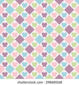 Seamless pattern. Baby background with colorful silhouettes butterfly and rhombs. Paper for scrapbook or background. Vector illustration.The rose background is removed. 