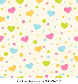 Seamless pattern. Baby background with colorful hearts and circles. Paper for scrapbook or background. Vector illustration.The rose background is removed 