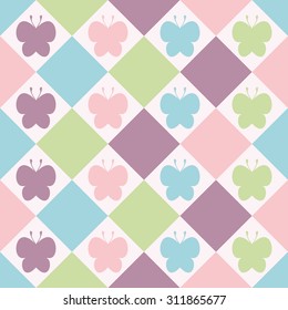 Seamless pattern. Baby background with colorful silhouettes butterfly and rhombs. Paper for scrapbook or background. Vector illustration.The rose background is removed. 